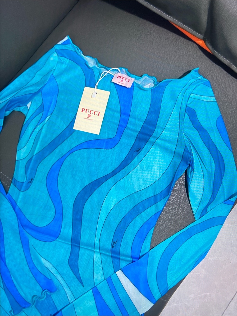 Emilio Pucci Blue & Turquoise Wave-Print Long Sleeve Tee - Picture 3 of 9